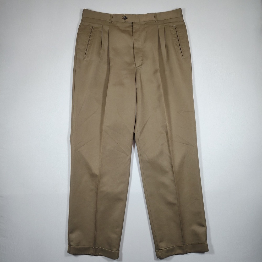 Haggar Dress Pants Mens 36x31 Khaki Brown Double Pleated Cuffed Micro Polyester